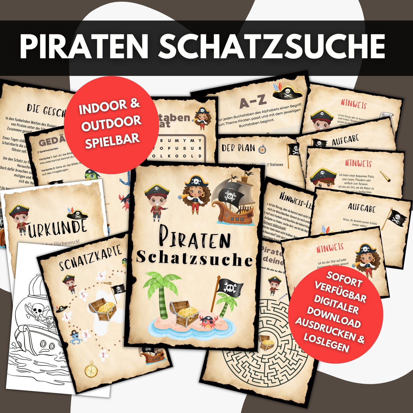 Piraten Schatzsuche Kindergeburtstag Spiele  Rätsel Aufgaben Hinweise Schatzkarte Urkunden Einladungen Indoor Outdoor Schnitzeljagd