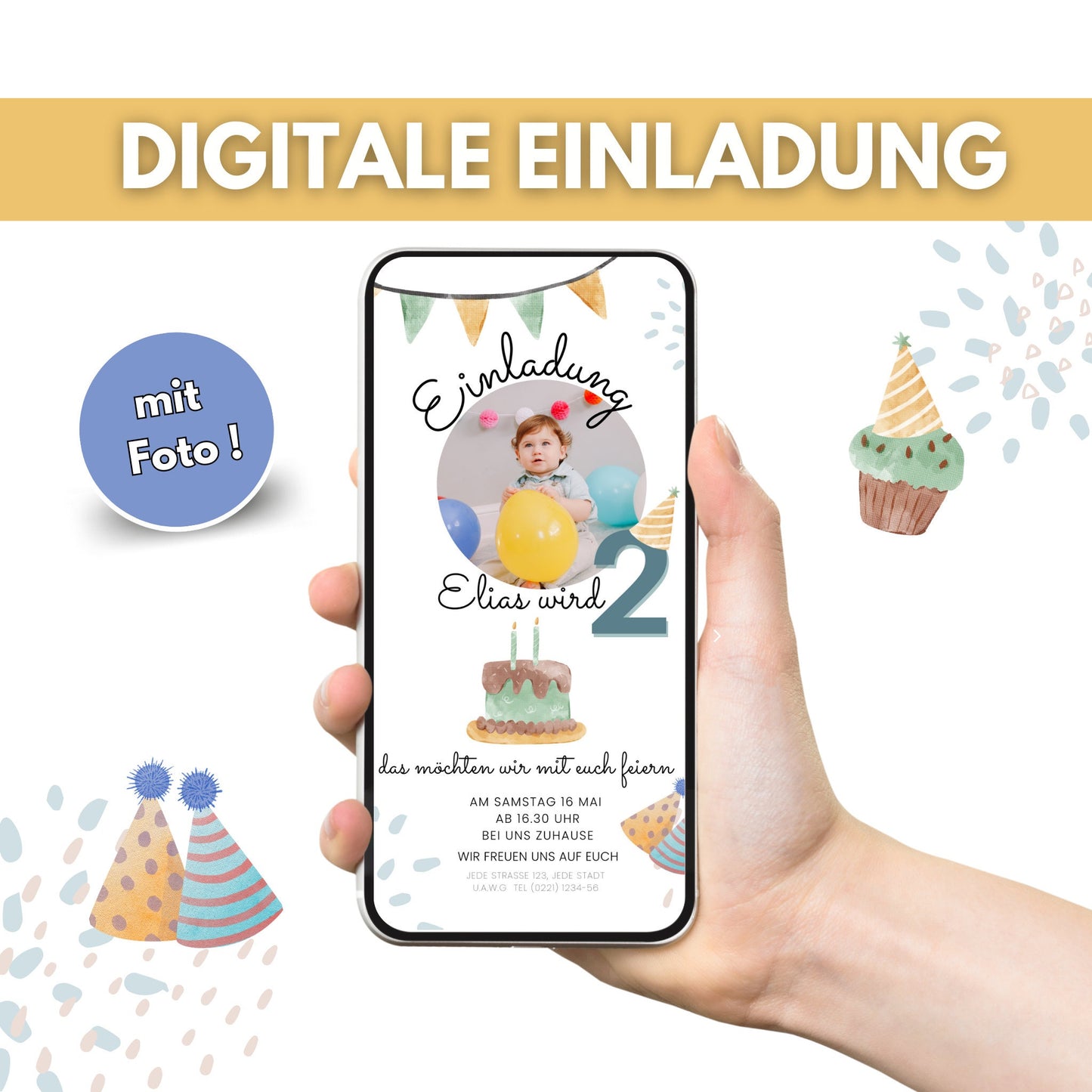 Personaliserte Digitale Einladung Kindergeburtstag mit Foto WhatsApp E-Card  1. Geburtstag  Geburtstagseinladung einfach zu versenden