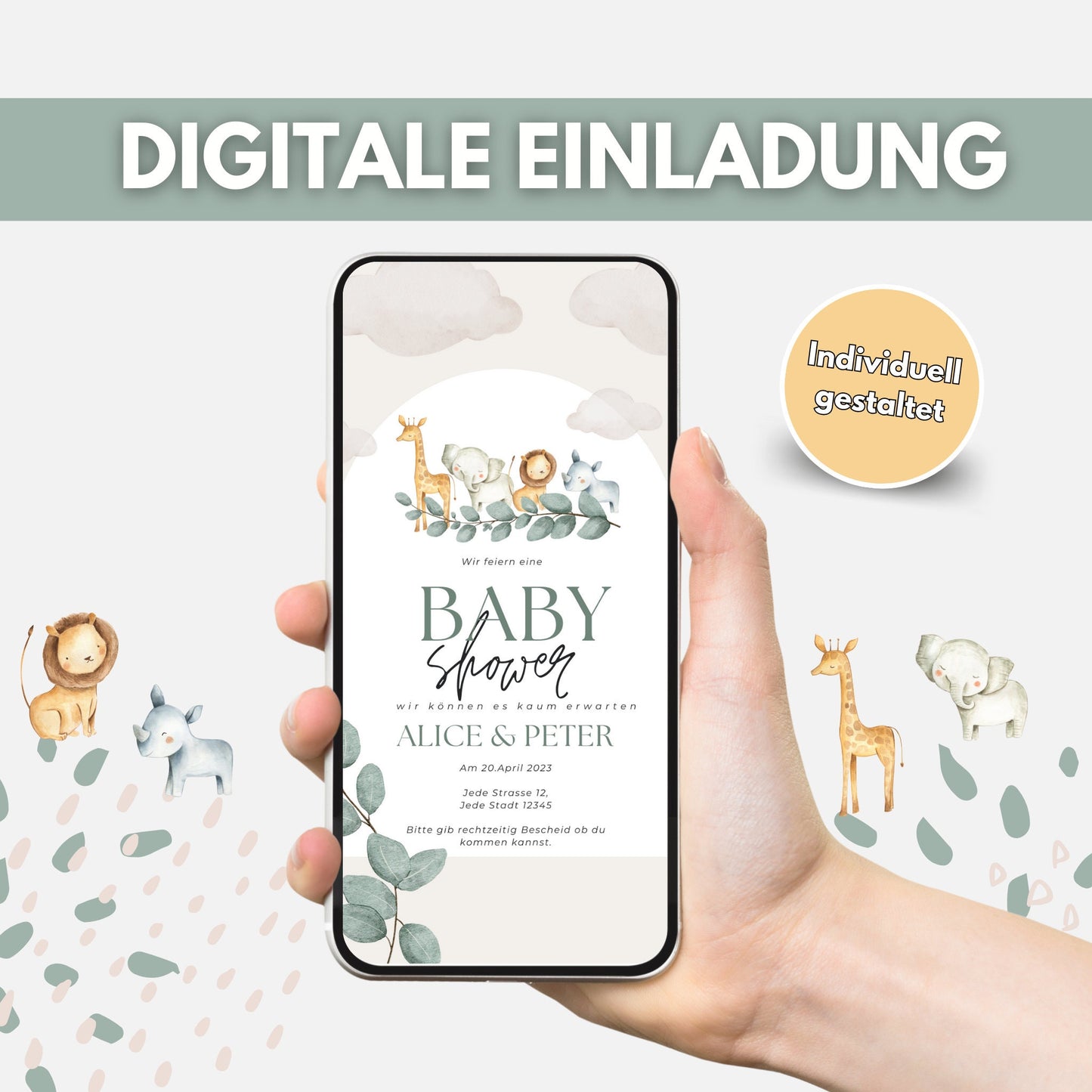 Digitale Einladung Baby Shower Safari Eukalyptus | personalisiert | E-Card Baby Shower | Einladung Baby Party individuell gestaltet