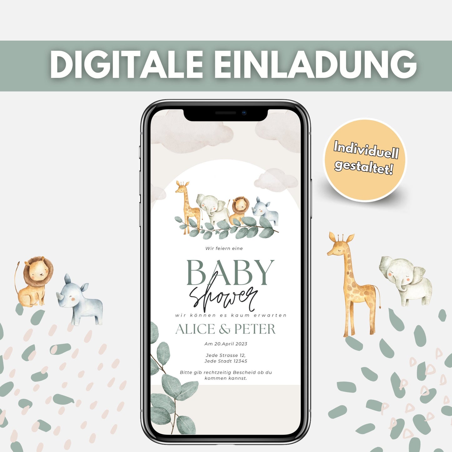 Digitale Einladung Baby Shower Safari Eukalyptus | personalisiert | E-Card Baby Shower | Einladung Baby Party individuell gestaltet