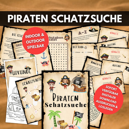 Piraten Schatzsuche Kindergeburtstag Spiele  Rätsel Aufgaben Hinweise Schatzkarte Urkunden Einladungen Indoor Outdoor Schnitzeljagd
